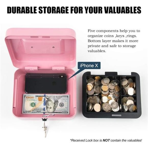 Medium Cash Box with Money Tray,Small Safe Lock Box with Key,Cash Drawer - Picture 4 of 7